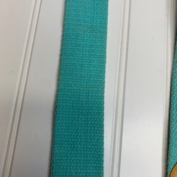 Vintage 70s Aqua Twill Wide Belt Light Tan Leather Hang Ten - Picture 3 of 6